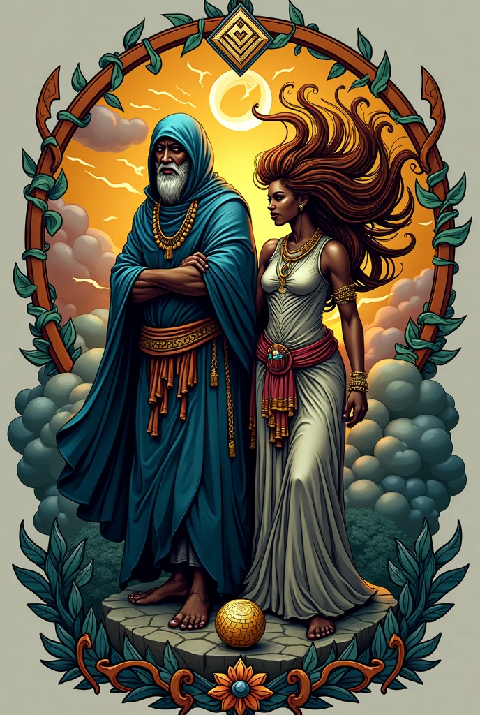 A logo with the orisha Omolu and the orisha Iansã