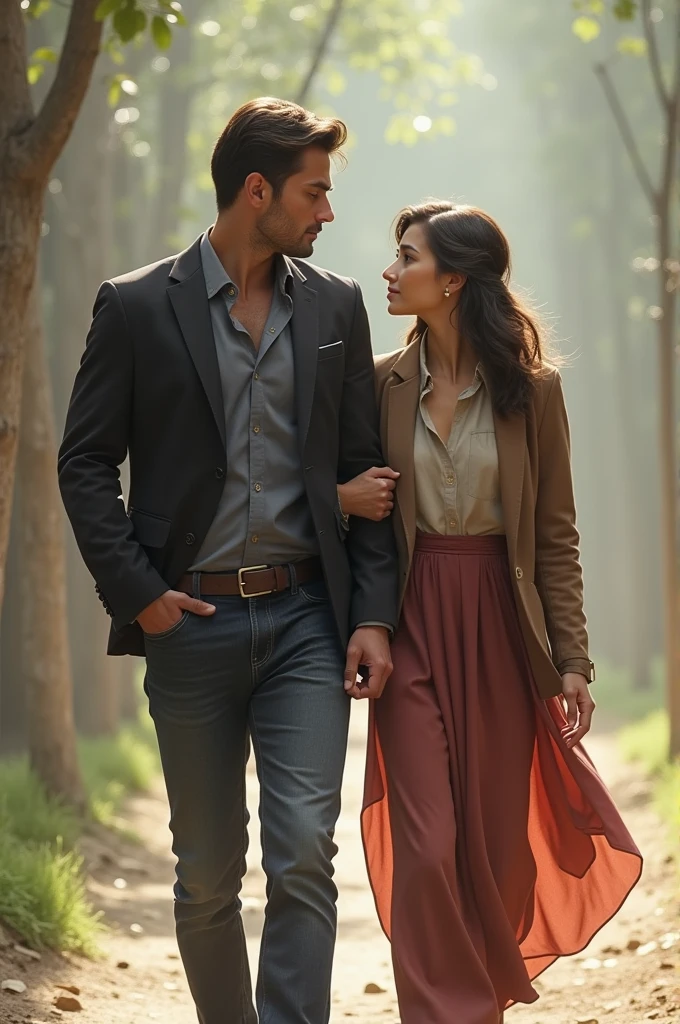 A man leading a woman by the hand, walking ahead to symbolize protection and guidance. The man appears confident and strong, while the woman follows closely behind, showing trust and reliance on him. The scene should evoke a sense of security, with the man positioned slightly forward, looking ahead, and the woman gazing at him with trust. The background should be simple, ensuring the focus remains on the couple
