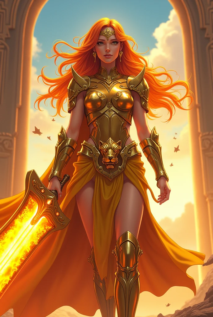 Create a regal and fierce Amazon warrior inspired by the Knights of the Zodiac, wearing the golden Leo armor. She stands proudly, exuding confidence, leadership, and unmatched power. Her armor should be adorned with lion motifs, featuring a majestic lion's head on the chest plate and flowing, mane-like designs on the shoulders, symbolizing the strength and courage of the Leo sign. The golden plating should be bold and radiant, with intricate details that convey her royal stature. Her hair, a fiery golden or bright auburn, flows wildly, giving her the appearance of a lioness ready for battle. She wields a massive, blazing sword or a scepter, both glowing with intense, fiery energy. The backdrop should be a grand, sunlit savannah or a majestic temple bathed in sunlight, with a clear blue sky or a fiery sunset, emphasizing her connection to the sun and her regal presence. The scene should capture the original anime style, blending realism with fantasy, and highlighting the powerful, commanding essence of the Leo Amazon."