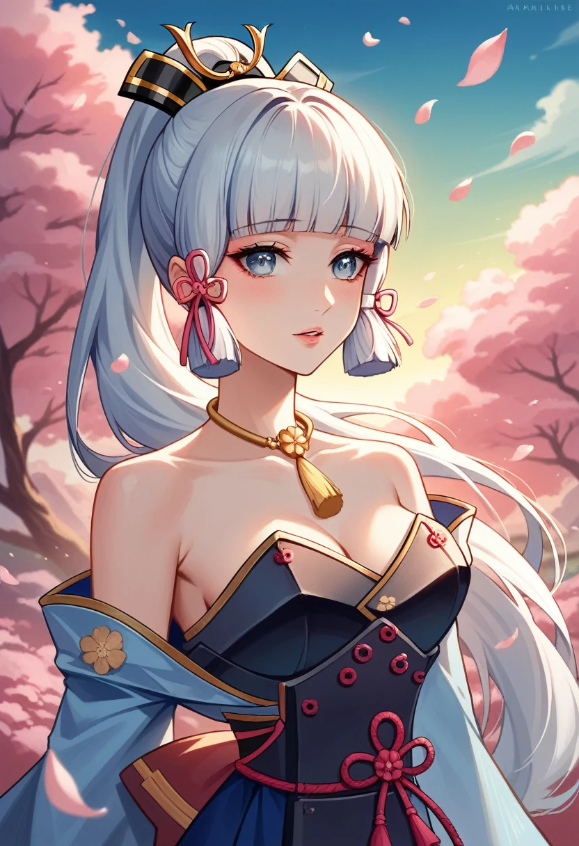 Kamisato ayaka, beautiful detailed eyes, beautiful detailed lips, extremely detailed eyes and face, long eyelashes, elegant kimono, serene expression, narrow waist, flowing hair, intricate hair ornaments, natural lighting, vibrant colors, cinematic composition, fantasy landscape, cherry blossoms, ornate architecture, (best quality,4k,8k,highres,masterpiece:1.2),ultra-detailed,)