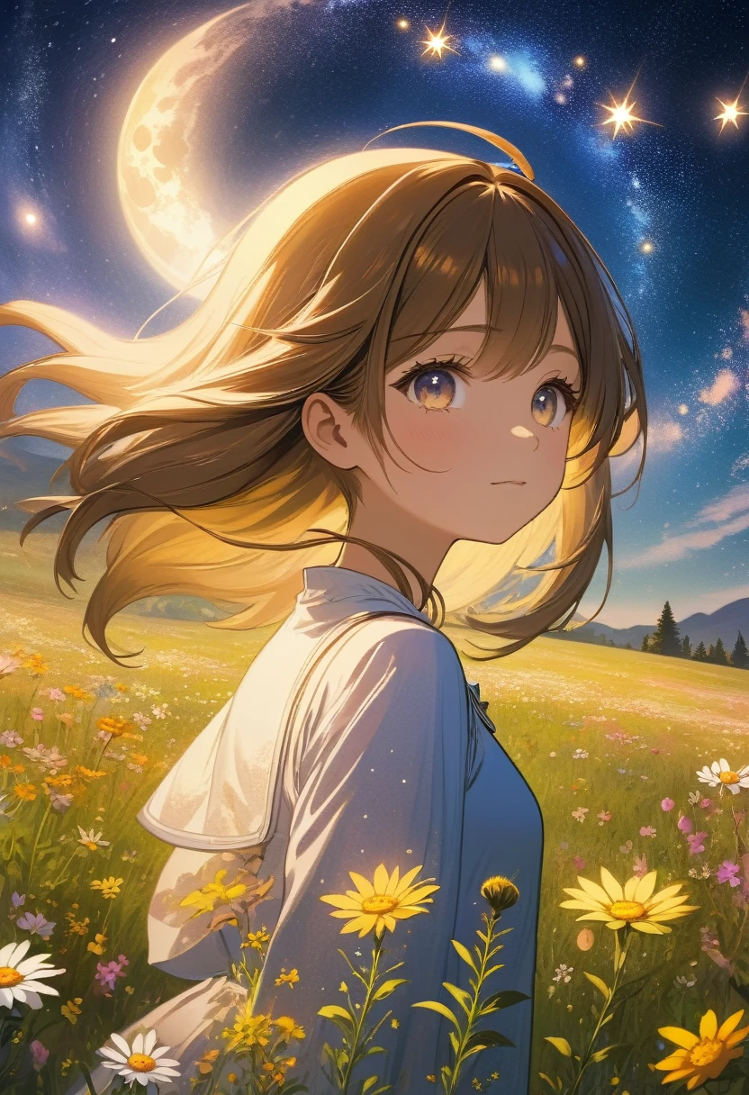 A girl on a meadow,Many stars shining in the wide sky,Shining Star,milky way,full moon,I look up and see,Wildflowers are in full bloom,Pure World,masterpiece,Highest quality,最高masterpiece,Detailed anime art,Digital Art,