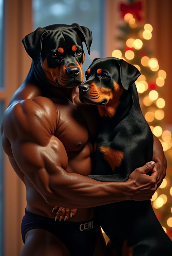 (father:1.4), (son:1.5)(duo, size difference, father and son:1.9) muscular anthro rottweiler, (presenting embrace for the viewer:1.9). 4k, high resolution, best quality, posted on e621, solo, anthro body, anthro rottweiler, black and tan body,older male, male, masculine, (very muscular, thick build, pectorals:1.2), correct anatomy, (living background, christmas, evening), (by wfa:1.0), (by Taran Fiddler, by negger:1.0), black nipples,(father wears boxer briefs, crotch bulge:1.3), (son wears jockstrap, crotch bulge:1.4), (detailed eyes), sexy, smile, shiny muscles, strong shadows, confident, seductive, flirting, half-body shot, photorealistic fur