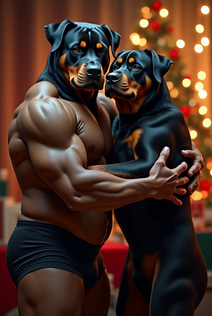 (father:1.4), (son:1.5)(duo, size difference, father and son:1.9) muscular anthro rottweiler, (presenting embrace for the viewer:1.9). 4k, high resolution, best quality, posted on e621, solo, anthro body, anthro rottweiler, black and tan body,older male, male, masculine, (very muscular, thick build, pectorals:1.2), correct anatomy, (living background, christmas, evening), (by wfa:1.0), (by Taran Fiddler, by negger:1.0), black nipples,(father wears boxer briefs, crotch bulge:1.3), (son wears jockstrap, crotch bulge:1.4), (detailed eyes), sexy, smile, shiny muscles, strong shadows, confident, seductive, flirting, half-body shot, photorealistic fur