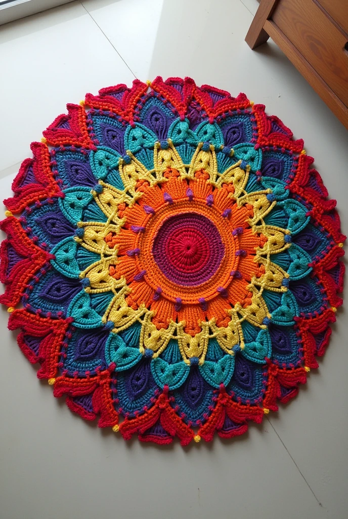 round colorful crochet rug showing all seen from above