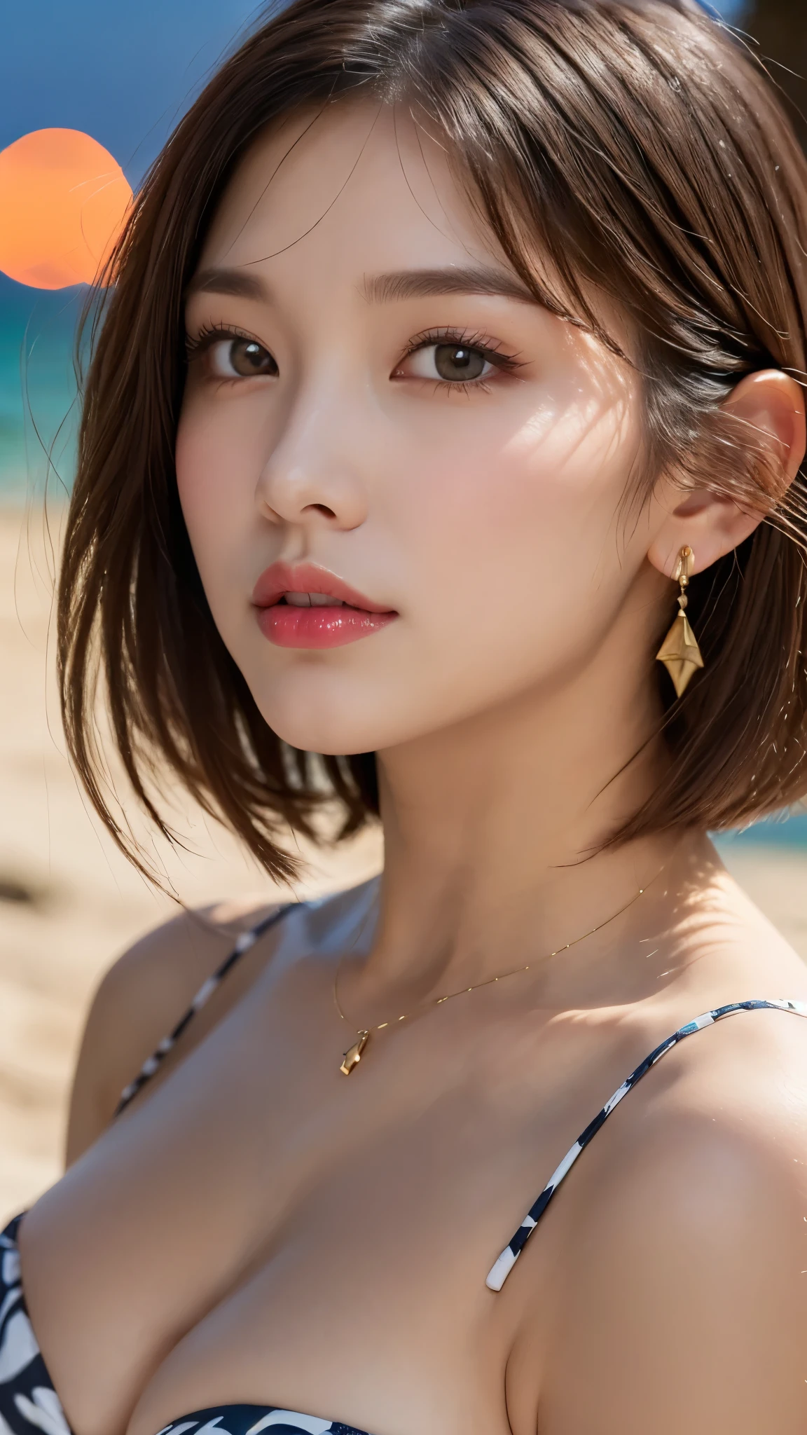 (Photorealistic, 32k, RAW photo, best quality:1.4), (masterpiece:1.3), (ultra high resolution, ultra realistic, highly detailed, golden ratio, ultra detailed), 1 beautiful woman, natural makeup, intricate cloth texture, finely detailed hair texture, beautiful full-body, perfect female form, anatomically accurate, highly detailed face and skin, (elegant hands), (realistic skin), (beautiful pale skin:1.1), (upper body, extreme close-up:1.8), (Oversized Breasts, generous cleavage1.3), (Wearing Tropical-pattern-micro bikini:1.4), (Earrings, Pendant),
BREAK,
realistic eyes, captivating detailed eyes, symmetric eyes, light brown eyes, double eyelids, thin eyebrows, (glossy lips:1.4), (face waiting for kiss, blush:1.3),
BREAK,
((short bob cut, dark brown hair, bangs:1.2)), (Moonlit night, Sandy Beach:1.3)