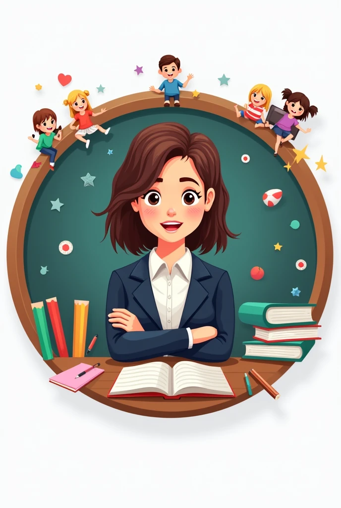 Sales logo on primary school educational materials and planning with educational symbols featuring a female teacher, formal wear, in suits and blackboards and students, IN THE SHAPE OF A CIRCLE, with cartoon design
