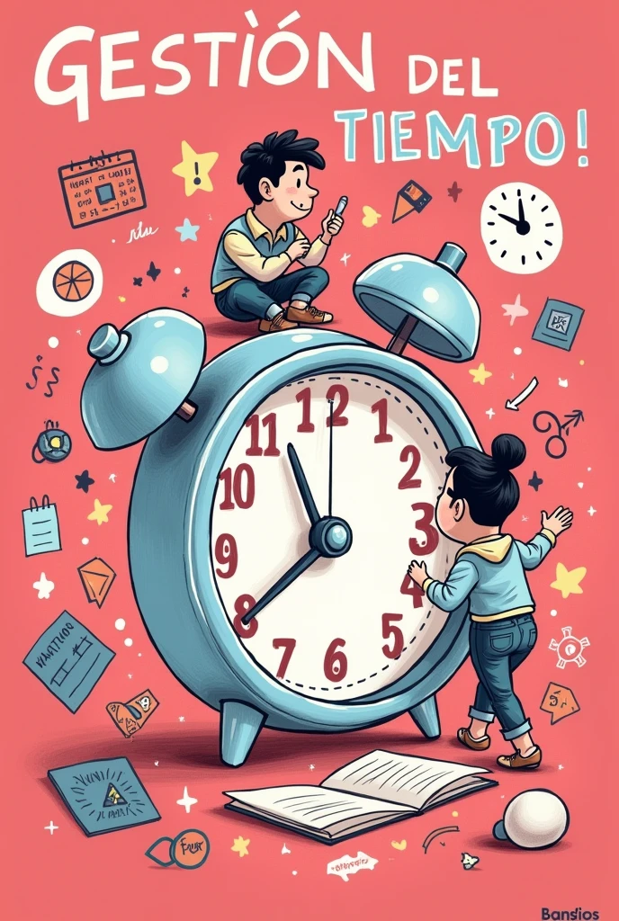 Make a sketchnote, about the "Time management"
Let the title be in lettering, and be eye-catching.
That has many illustrations, as well as cartoons, arrows, and keywords that link all the information, and that what is being explained can also be understood.
The information you include would be:
-Keep an agenda to plan activities and evaluate our progress.
-Make a daily plan or schedule.
-Study time, at the same time, site and appropriate place.
-Mark important dates on a calendar (exams, etc. )
-DO NOT PROCRASTINATE -Pomodoro Technique.
All this explained with visual notes, that is to say, more drawings than text, text only use keywords.
That it is in Spanish.
As few words as possible please.
Let the pink color predominate in the presentation.
That all information is in Spanish.
Put more drawings, viñetas, arrows, And let the title be "Time management"