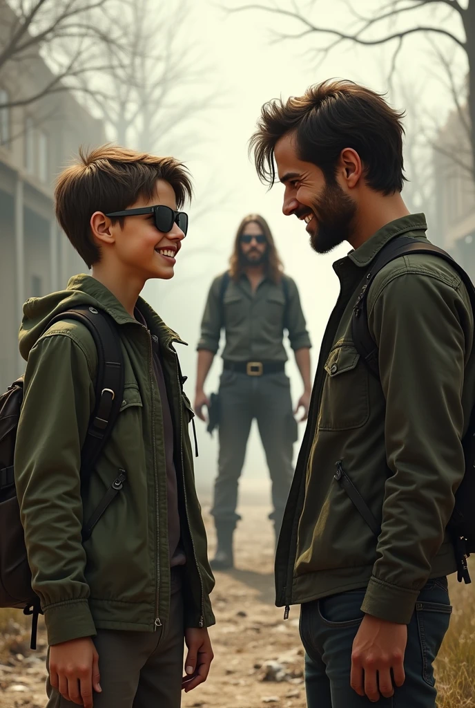 make an 1 boy, aviator sunglasses, green jacket, hair combed to the side and on the side of it make a 2 young man, with an appearance reminiscent of actor Jake Gyllenhaal. Your skin is slightly brown, and he is of average height with a standard physique, result of manual labor that shaped his strength and endurance. Her hair is slightly long. both are talking and smiling like brothers, they're in an apocalypse, behind them make a 40 year old adult guy with black clothes in a black jacket, aviator sunglasses, with long rick grimes style hair