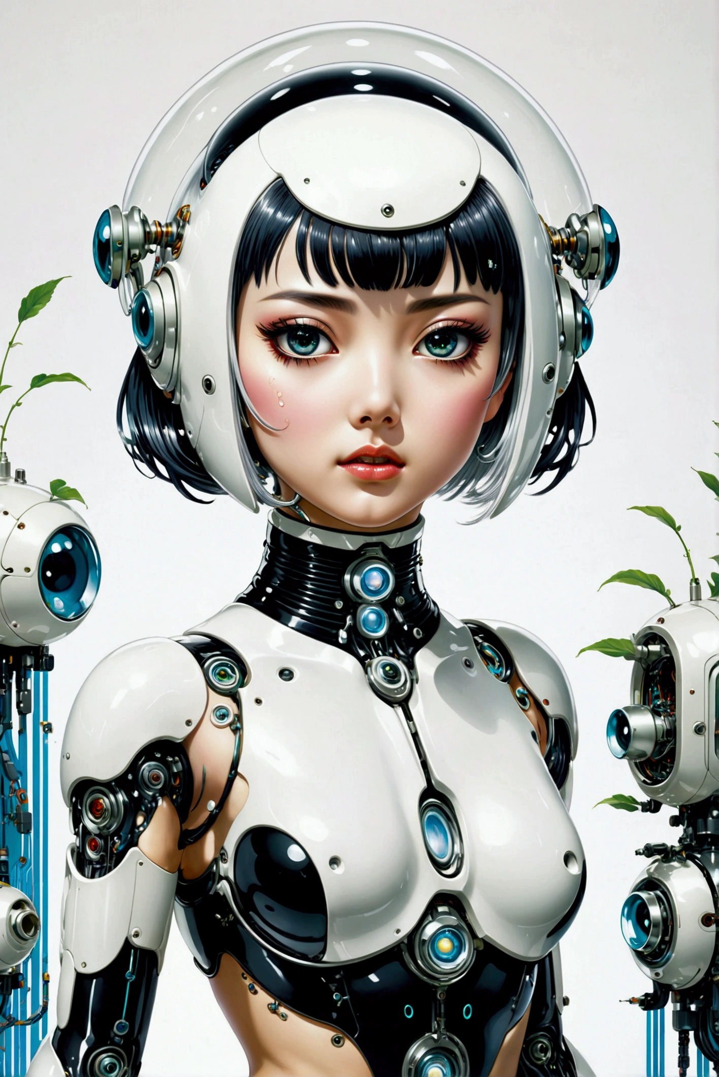 retro japanese pulp poster of a retro levitating cyberpunk girl, white bob haircut, transcendental expression on her face, eyes watering, tears streaming, robotic body parts, silicone implants, biohacking enhancements adorn the body, detailed features, vintage white background, a power button is planted in her upper chest, quantum wavetracing, cinematic composition, symmetrical by hajime Sorayama, masamune shirow