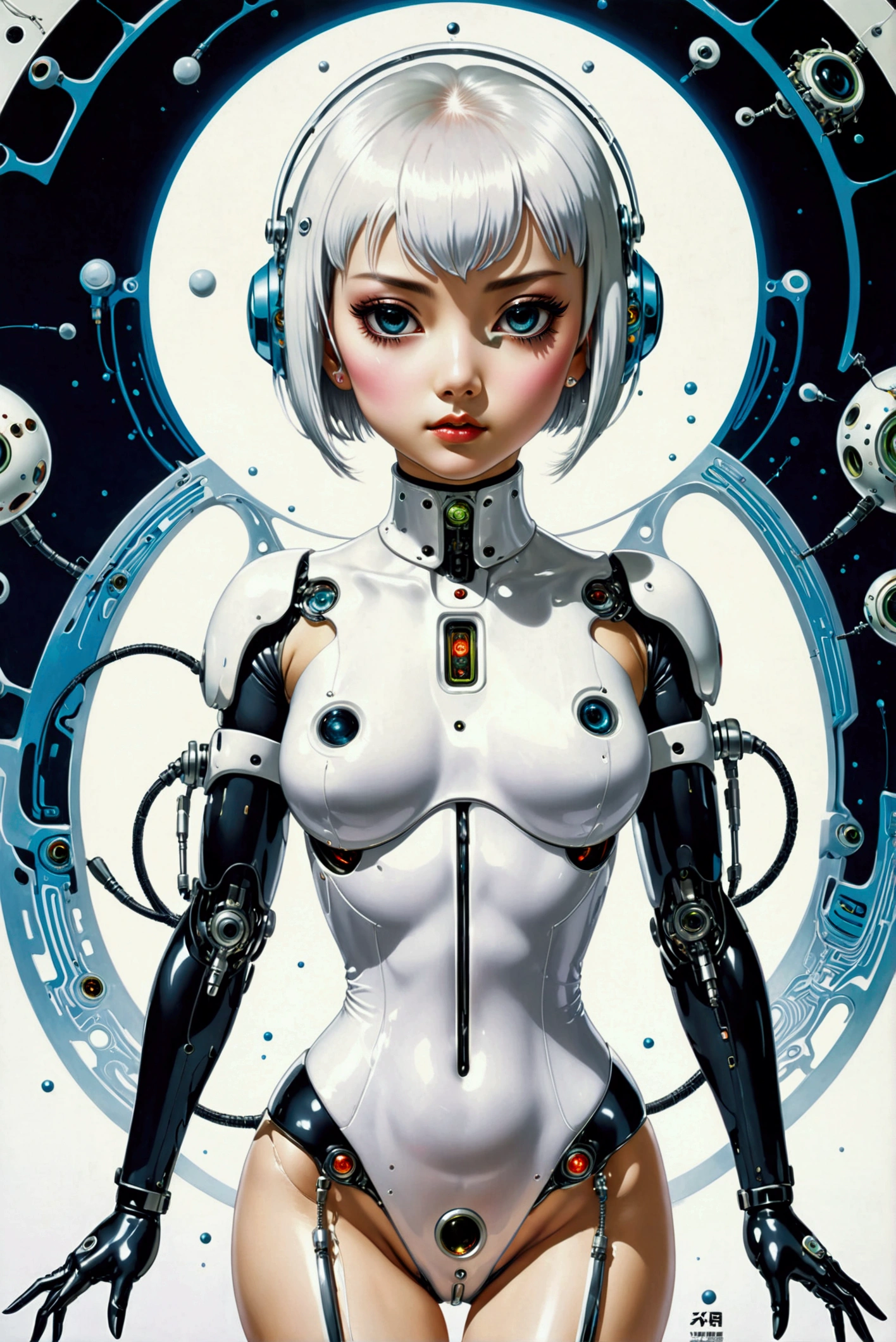 retro japanese pulp poster of a retro levitating cyberpunk girl, white bob haircut, transcendental expression on her face, eyes watering, tears streaming, robotic body parts, silicone implants, biohacking enhancements adorn the body, detailed features, vintage white background, a power button is planted in her upper chest, quantum wavetracing, cinematic composition, symmetrical by hajime Sorayama, masamune shirow