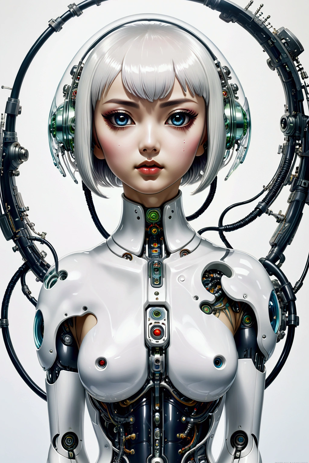 retro japanese pulp poster of a retro levitating cyberpunk girl, white bob haircut, transcendental expression on her face, eyes watering, tears streaming, robotic body parts, silicone implants, biohacking enhancements adorn the body, detailed features, vintage white background, a power button is planted in her upper chest, quantum wavetracing, cinematic composition, symmetrical by hajime Sorayama, masamune shirow