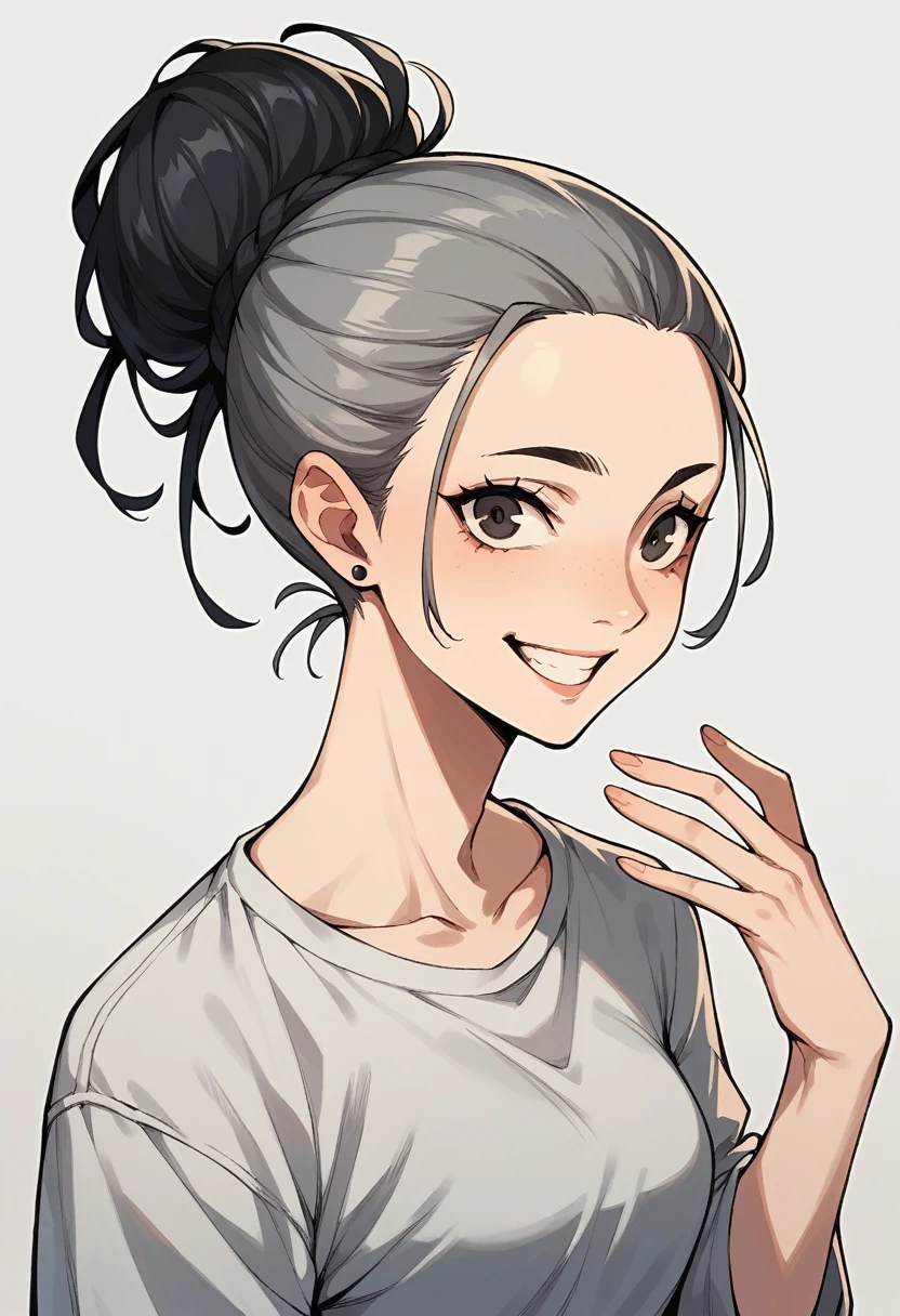 middle aged adult woman with black hair up, bangss, happy expression, slightly gray hair
