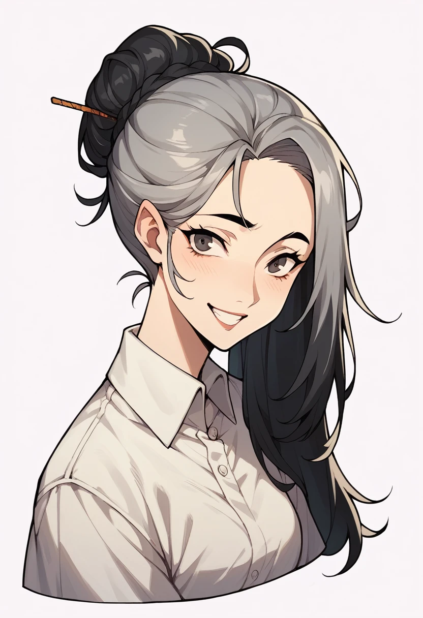 middle aged adult woman with black hair up, bangss, happy expression, slightly gray hair