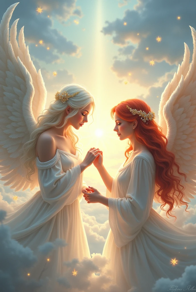 White haired female angel holding the hand of a redheaded female angel