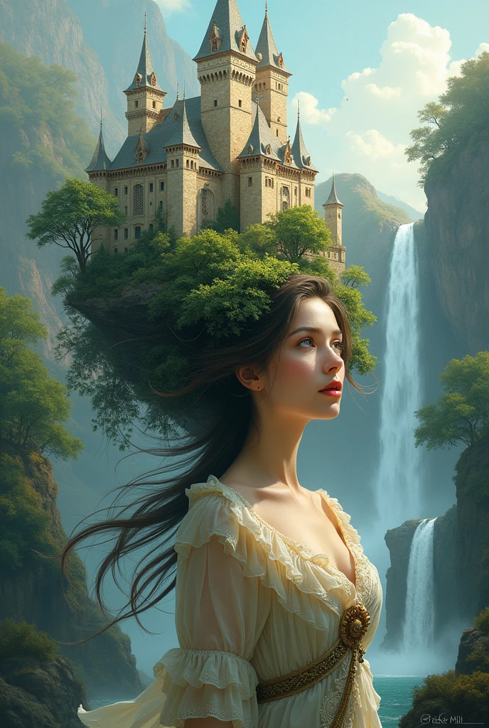 (((masterpiece))), a majestic castle emerges from a woman's hair, a woman with a castle on her head, it is a fantastic landscape where human nature is recreated with nature, waterfalls, a dreamlike work of art