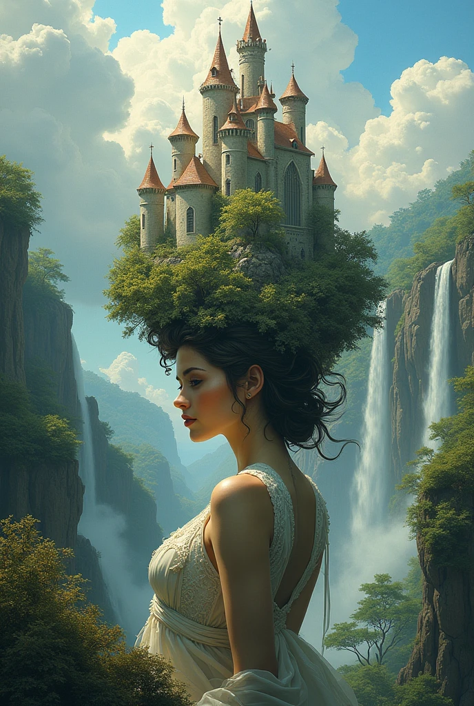(((masterpiece))), a majestic castle emerges from a woman's hair, a woman with a castle on her head, it is a fantastic landscape where human nature is recreated with nature, waterfalls, a dreamlike work of art