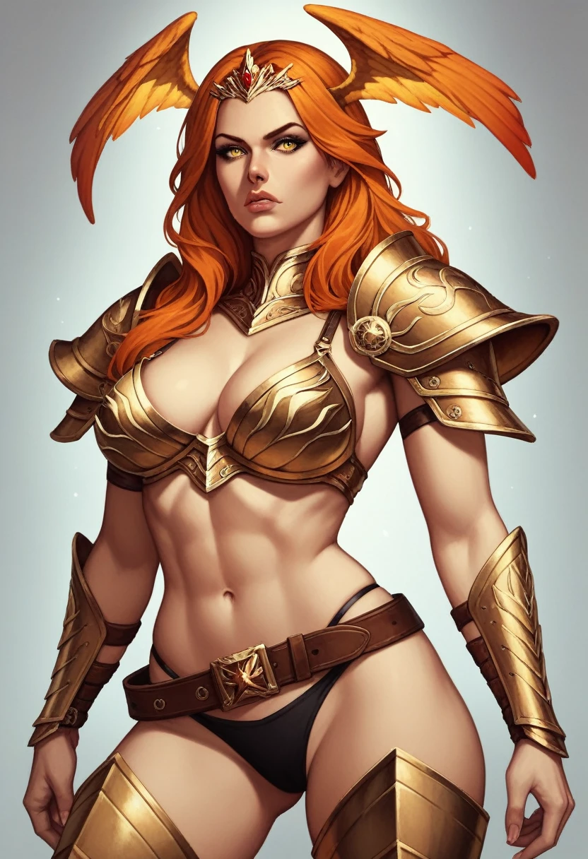 Detailed face, detailed eyes, detailed lips, 1girl, orange hair, golden face-framing tiara, head wings, golden bikini armor, golden shoulder armors, golden bracers, black underwear, big brown belt, golden thigh-high boots, armor boots, serious expression