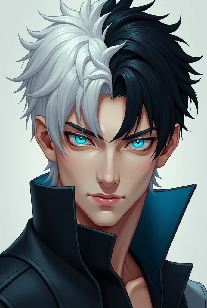 Male with black and white hair and blue eyes
