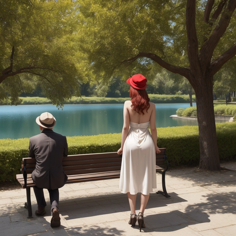 A couple walks hand in hand in a square full of trees and bushes next to a lake. a photo of the back, de corpo inteiro. The very beautiful woman , redheadwear, thin waist and very big butt, wearing a very short, light, flowery dress. She holds her dress up and shows the woman shows her naked ass to the camera, looking back. THe man a little taller than her, he is looking foward to A BUNCH OF OTHER MAN IN A BENCH. Naked ass. Exibition. High detalied picture, high quality.