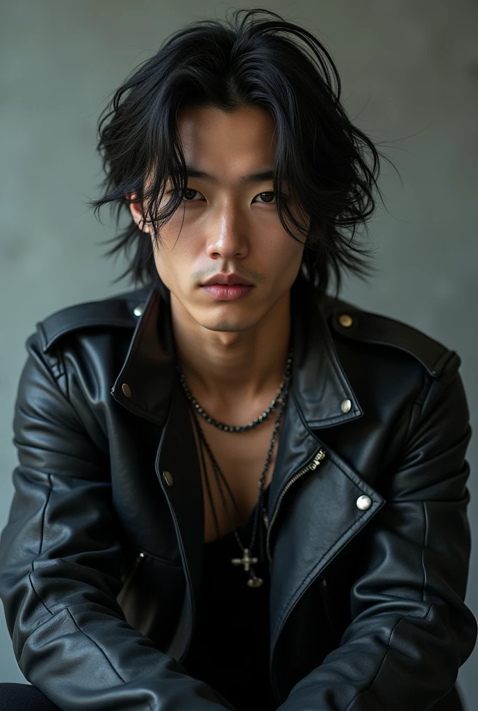 general a realistic photo of a very handsome Korean boy with long hair and rocker style