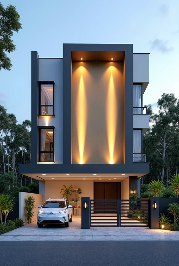 Create a photorealistic image of a modern facade of an eight-story residential building, consisting of two semi-detached units. The design is sophisticated, with straight lines and a combination of contemporary materials. The facade is dominated by two illuminated golden columns that stand out, creating a feeling of luxury. At the center, there is a main entrance with a minimalist design metal gate, combining dark gray with white details. The wide windows are framed by white sills, greens and the front garden is discreetly decorated with tropical plants, like palm trees and shrubs. In front of the building, there is a white modern car leaving the parking lot on the first floor of the building, which is covered with tiles in shades of gray. The surrounding scenery includes tall trees and lush vegetation., with a clear blue sky and few clouds, creating a peaceful and elegant residential environment