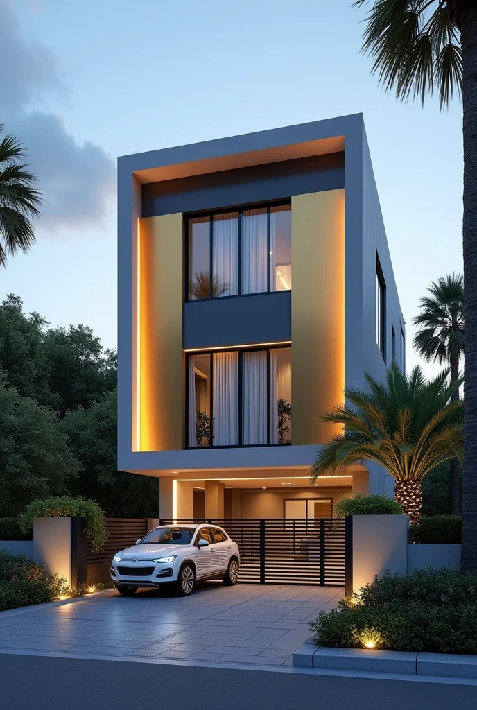Create a photorealistic image of a modern facade of an eight-story residential building, consisting of two semi-detached units. The design is sophisticated, with straight lines and a combination of contemporary materials. The facade is dominated by two illuminated golden columns that stand out, creating a feeling of luxury. At the center, there is a main entrance with a minimalist design metal gate, combining dark gray with white details. The wide windows are framed by white sills, greens and the front garden is discreetly decorated with tropical plants, like palm trees and shrubs. In front of the building, there is a white modern car leaving the parking lot on the first floor of the building, which is covered with tiles in shades of gray. The surrounding scenery includes tall trees and lush vegetation., with a clear blue sky and few clouds, creating a peaceful and elegant residential environment