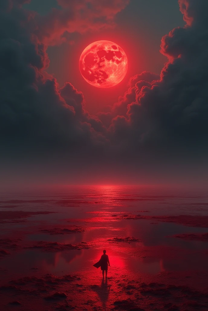A sea of blood, with nothing on the horizon but clouds bringing rain and a red moon to illuminate