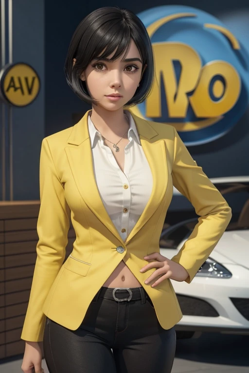 (Cartoon 3d), (Pixar-style) A young Brazilian woman, executive, waist-length black hair with bangs, oval and delicate face, big round brown eyes, medium height, Wearing a yellow blazer, white shirt and black pants. [High definition] [真实感]