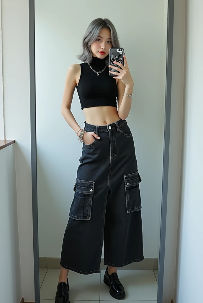 highly detailed, beautiful, hyper Realistic girl, masterpiece, best quality, Depict a mysterious and sophisticated beautiful Japanese gravure model,, 18-years-old, identity hidden, all body shot, / gray arranged hair, small head, Detailed face, cute and Pretty slim face, wide Duck mouth, perfect beautiful Tooth, arranged gray hair, shiny eyes, blue-colored eyes, Realistic skin, Detailed face, // standing, model posing, / The outfit features a black sleeveless turtleneck fusion of cropped tank top made from a lightweight, stretchy material. The top has thin shoulder straps and fits tightly, highlighting the wearer’s silhouette. The bottom piece is a maxi-length denim skirt made from thick denim fabric. The skirt includes prominent stitching and large side pockets, body fitting, adding a functional, cargo-style element to the design. Accessories include a simple silver chain necklace, a matching bracelet, and a small silver chain bag. The entire ensemble is styled in a monochromatic black and silver color palette, creating a sleek and urban look, //// simple white single room, gray frame mirror, complicated background /// takes a selfie in her room using a smartphone in front of a mirror with one hand, standing and sexy Posing, all body below shot, focus shoes, looking away from the camera,