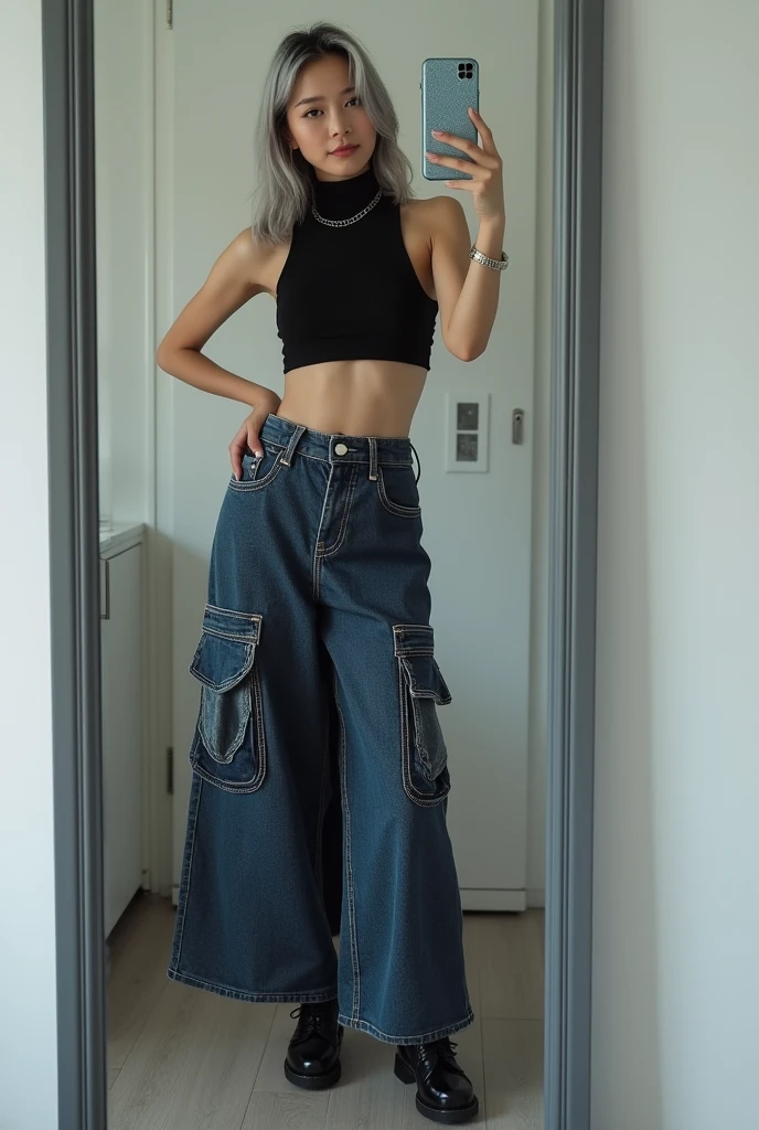 highly detailed, beautiful, hyper Realistic girl, masterpiece, best quality, Depict a mysterious and sophisticated beautiful Japanese gravure model,, 18-years-old, identity hidden, all body shot, / gray arranged hair, small head, Detailed face, cute and Pretty slim face, wide Duck mouth, perfect beautiful Tooth, arranged gray hair, shiny eyes, blue-colored eyes, Realistic skin, Detailed face, // standing, model posing, / The outfit features a black sleeveless turtleneck fusion of cropped tank top made from a lightweight, stretchy material. The top has thin shoulder straps and fits tightly, highlighting the wearer’s silhouette. The bottom piece is a maxi-length denim skirt made from thick denim fabric. The skirt includes prominent stitching and large side pockets, body fitting, adding a functional, cargo-style element to the design. Accessories include a simple silver chain necklace, a matching bracelet, and a small silver chain bag. The entire ensemble is styled in a monochromatic black and silver color palette, creating a sleek and urban look, //// simple white single room, gray frame mirror, complicated background /// takes a selfie in her room using a smartphone in front of a mirror with one hand, standing and sexy Posing, all body below shot, focus shoes, looking away from the camera,