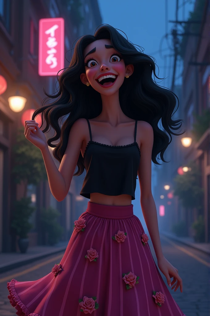 A woman with long, black curly hair, skin color loss, eyes browns, de camiseta preta, a long skirt with 7 pink lines and several pink roses on the edges, on a street at night and laughing out loud.
Disney Pixar image