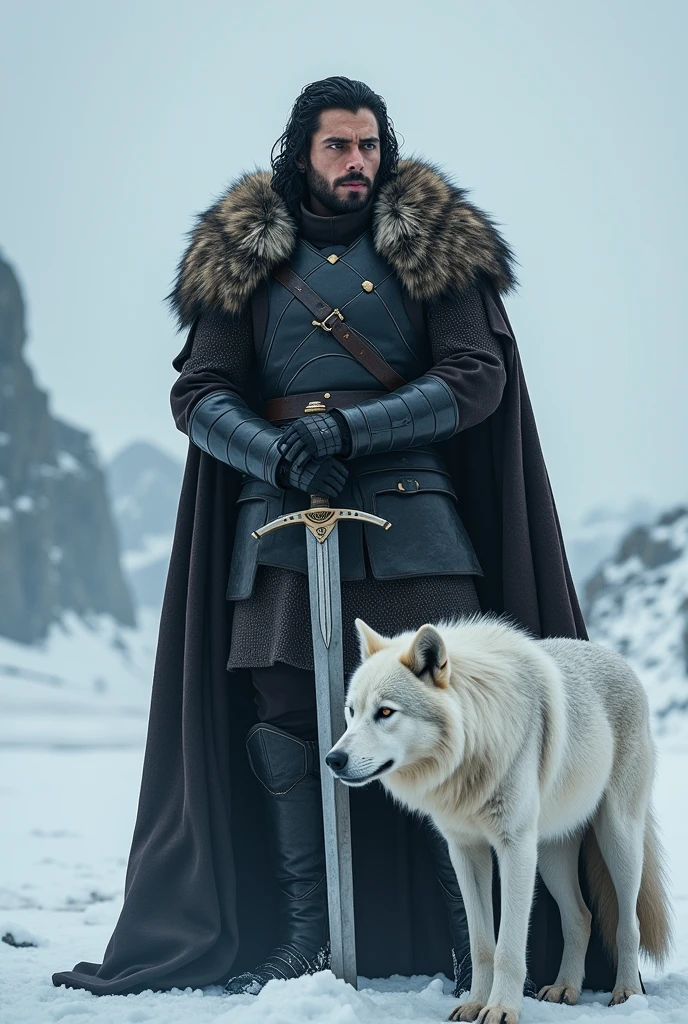 Jon snow, like game of thrones, facing the front, holding his sword in the snow, next to his giant wolf called ghost for its white fur, both with a serious look