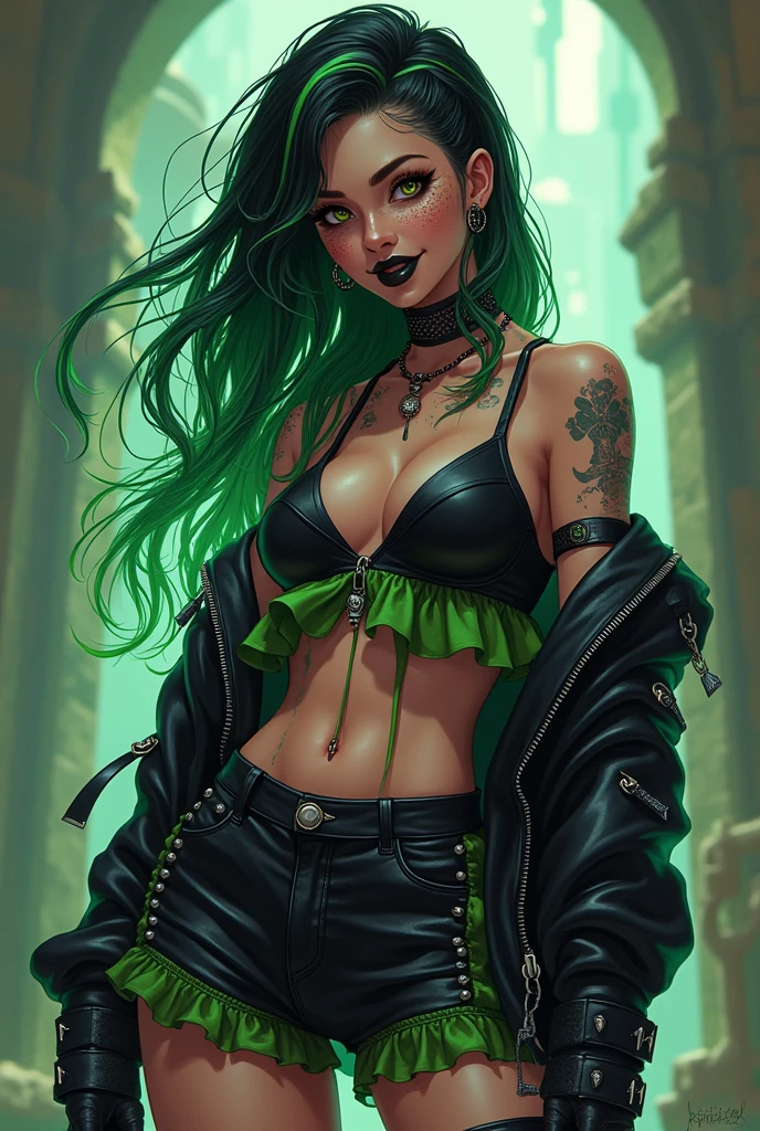 (best quality,ultra-detailed),(realistic,photo-realistic:1.37),beautiful women,black outfit,(multicolored jade green and silver lined hair, streaked hair, exquisite details, fine eyelashes, (chopard sunglasses, green frame), (short hair, petite, pixie, tomboy, gen z)deathmetal outfit style,edgy makeup,heavy black eyeliner,pale skin,expressive facial features,gothic accessories,dark background,intense lighting,contrast,ominous atmosphere, full body dynamic pose