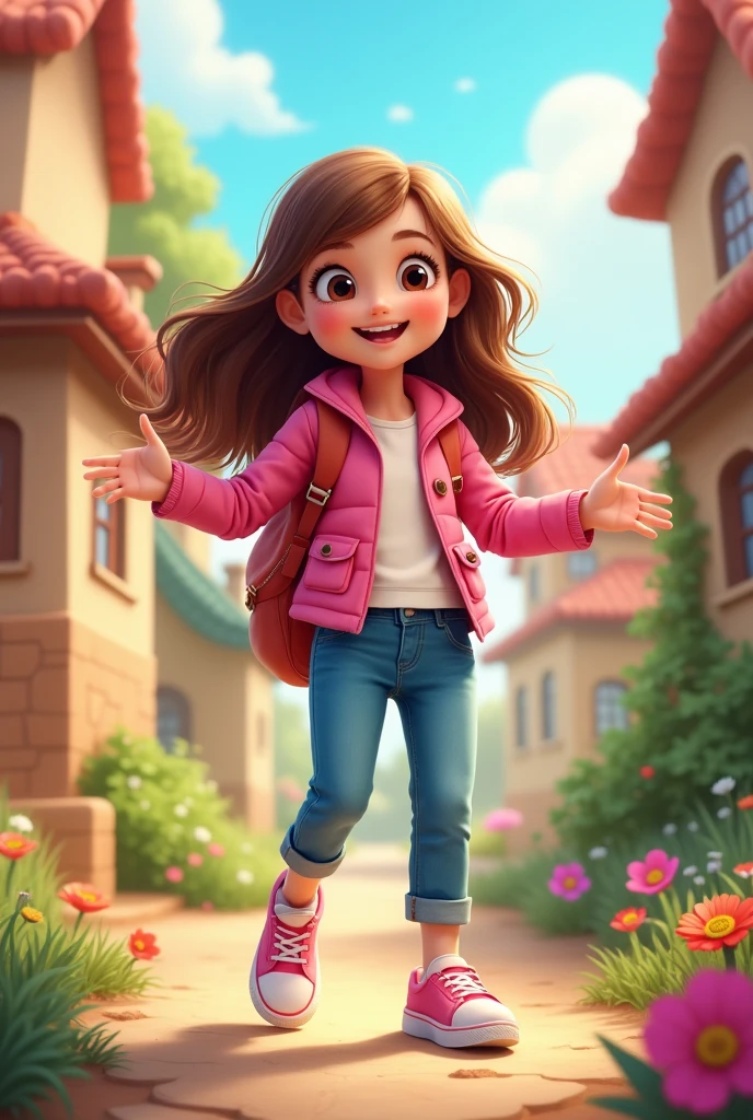  girl with a pink jacket, blue jeans, pink tennis shoes, brown hair that can be used in a children&#39;s story