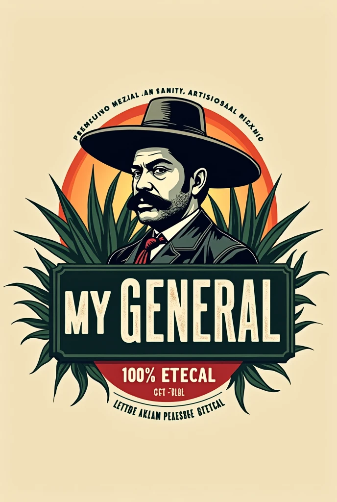 Mezcal logo, let it be called "My general" and is accompanied by an image of Emiliano Zapata with a large palm hat. Some magueys and the legend of artisanal mezcal 100% Oaxacan agave espadin. 
Tetecala, Morelos.
