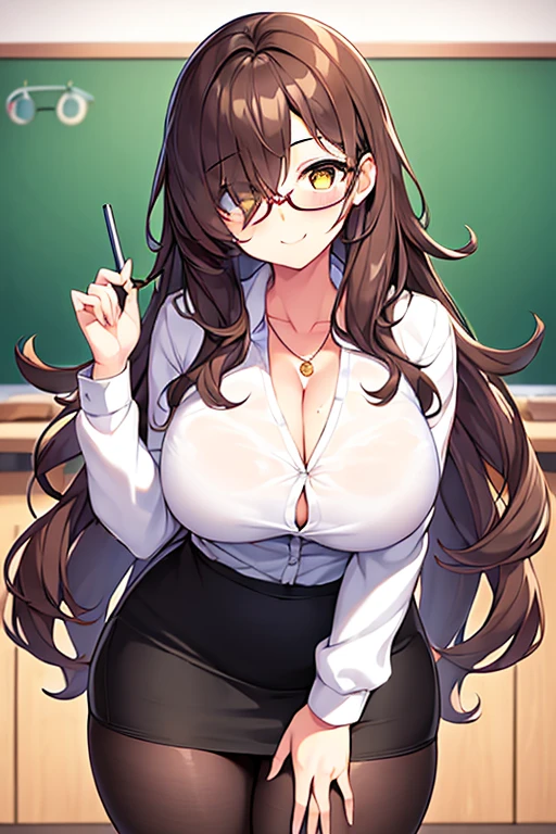 1girl, large breasts, thick thighs, brown hair, wavy hair, long hair, one eye covered, ((one eye covered)), hair over one eye, classroom, smile, pencil skirt, skirt, mature female, necklace, white shirt, shirt, pantyhose, teacher, glasses, red glasses, cleavage, hourglass figure, yellow eyes,