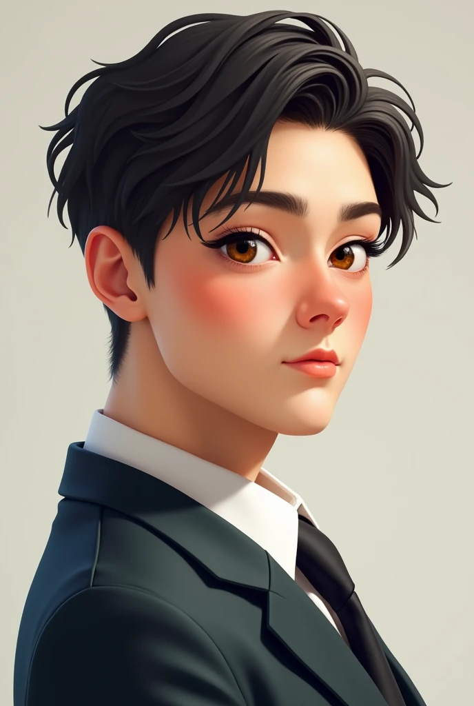 one with black hair, 小柄, from 50 to 70 kg , white, wearing men's clothes, slim, eyes browns, 1 and ambitious