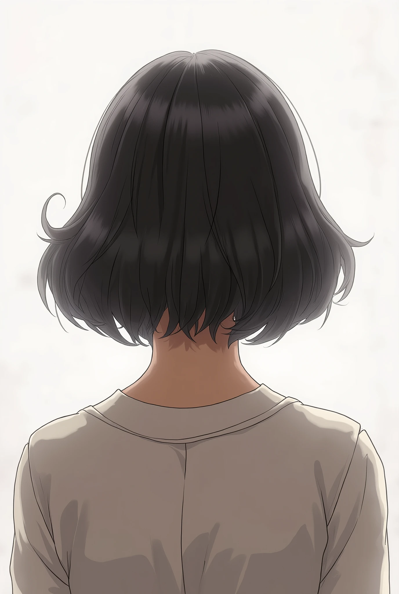 Semi-long hairstyle seen from the back、rhombus、Top Volume、Hair bouncing on shoulders、Bulging at the back of the head、Outside flip、Tightening around the neck、Airy feeling、Straight Curve、Japanese、Strong waist、Hairy、Soft texture、Reduce hair volume、White wall background