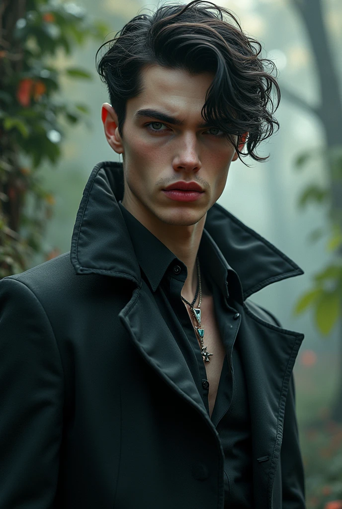  young man, uncanny, son of hecate, with current clothes, piercing gaze and red mouth
