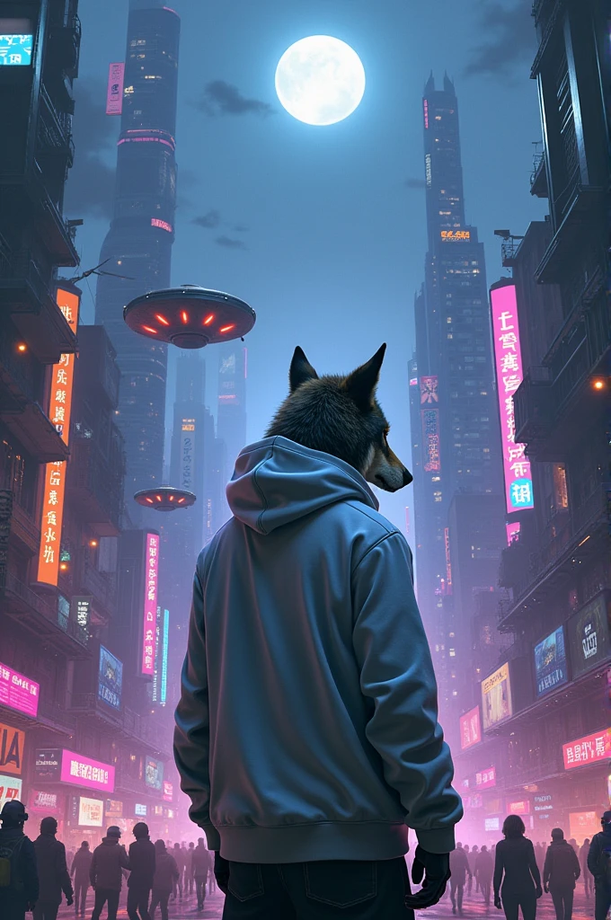 Lonely wolf wearing white hoodie on cyberpunk city at night with city light