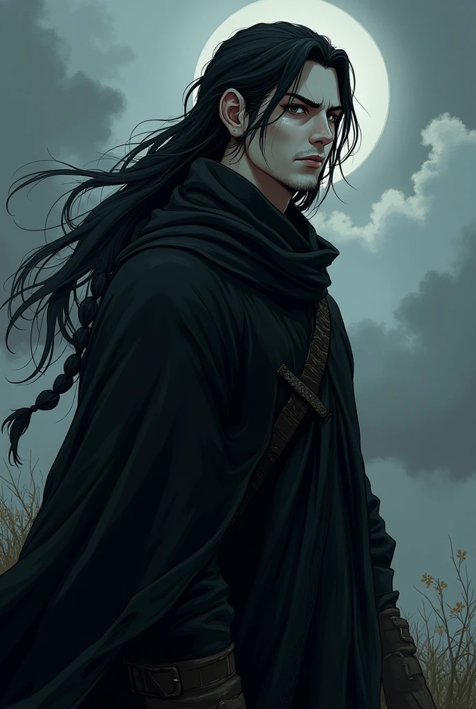 A man with black hair with a braid on the right side, eyes black, dark circles, with an old black cloak, De pele clara. anime traits, in a medieval time