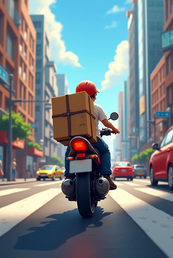 Delivery boy on motorcycle with bag on back
