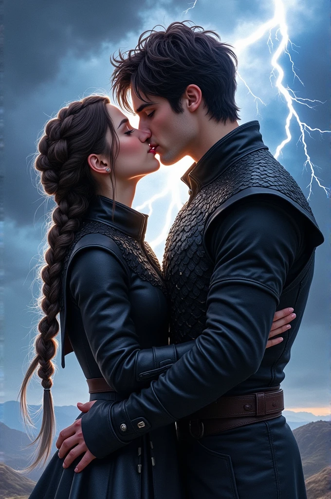 Full-body realistic watercolor illustration of Violeta Sorrengail and Xaden Riorson kissing passionately under a stormy sky. Violeta, with her long hair styled in a single, intricate braid that transitions from dark brown at the roots to white at the tips, is wearing her black dragon rider uniform with a leather coat and a dragon scale vest that glistens subtly. Xaden, with his dark, tousled hair and muscular build, is also dressed in his black dragon rider outfit, complemented by a similar dragon scale vest. The background features a dramatic sky illuminated by vivid lightning bolts, adding a dynamic and intense atmosphere to the scene. The lightning casts a bright, electrifying glow over the couple, highlighting their passionate embrace and the deep connection between them.