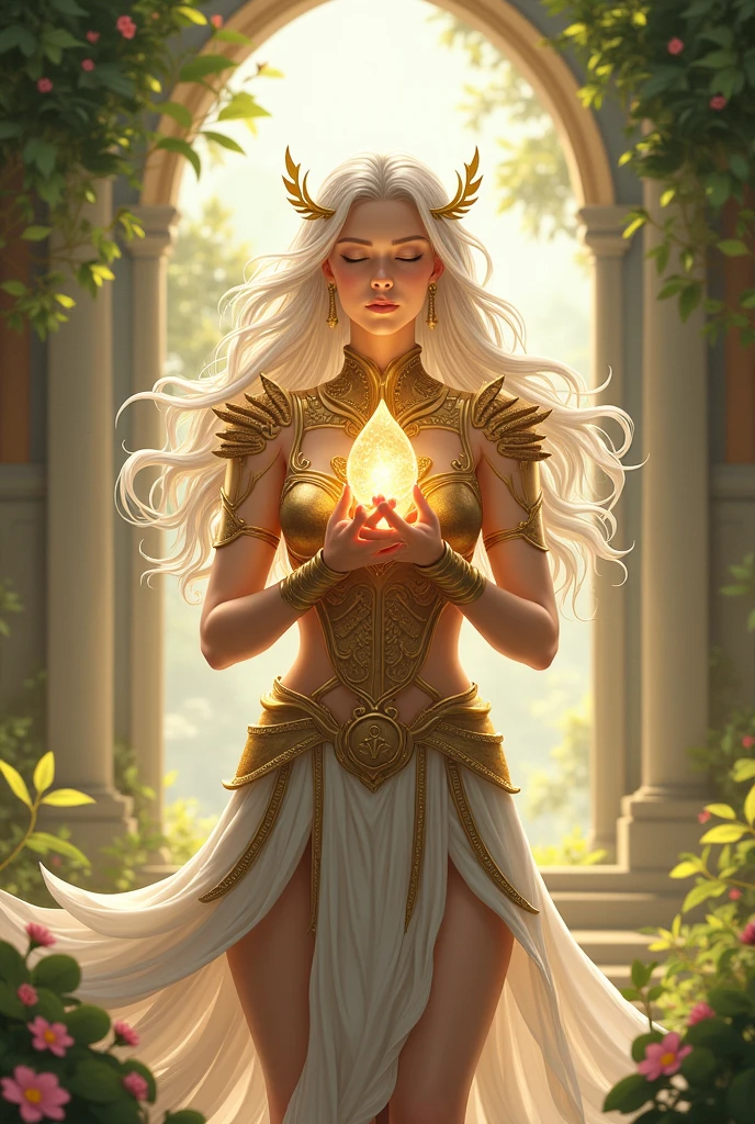 Create a serene and wise Amazon warrior inspired by the Knights of the Zodiac, wearing the golden Virgo armor. She stands in a tranquil, meditative pose, exuding an aura of purity, intellect, and spiritual strength. Her armor should be adorned with intricate, celestial patterns, featuring delicate wings or feathered motifs on the shoulders and chest plate, symbolizing the divine and analytical nature of the Virgo sign. The golden plating should be elegant and refined, with a soft, radiant glow that reflects her inner peace and mastery over both mind and body. Her hair, possibly in shades of platinum blonde or soft silver, flows gently around her, emphasizing her ethereal beauty. She holds a symbolic object, like a lotus flower or a staff topped with a crystal orb, radiating calm energy. The backdrop should be a tranquil, temple-like setting surrounded by nature, with soft light filtering through trees or an otherworldly garden filled with flowers, emphasizing her connection to purity and spiritual enlightenment. The scene should capture the original anime style, blending realism with fantasy, and highlighting the serene and intellectual essence of the Virgo Amazon."