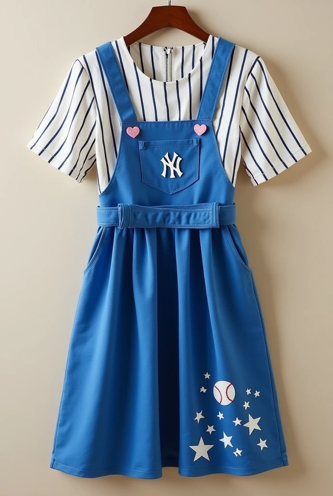A Yankees Blue overall dress with a Dianne Blue belt at the same time has a small pocket in the front that is the same color as the belt., with a small moon in the center of the front pocket and with some stars at the bottom of the dress