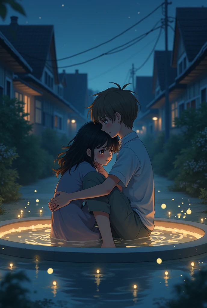 Make me an anime-like image with a girl with dark, wavy hair, crying on the shoulder of a boy with brown hair and light eyes he is comforting her and both are sitting in a water fountain with houses around them lonely and at night, with lights around it, similar to a fairy tale 