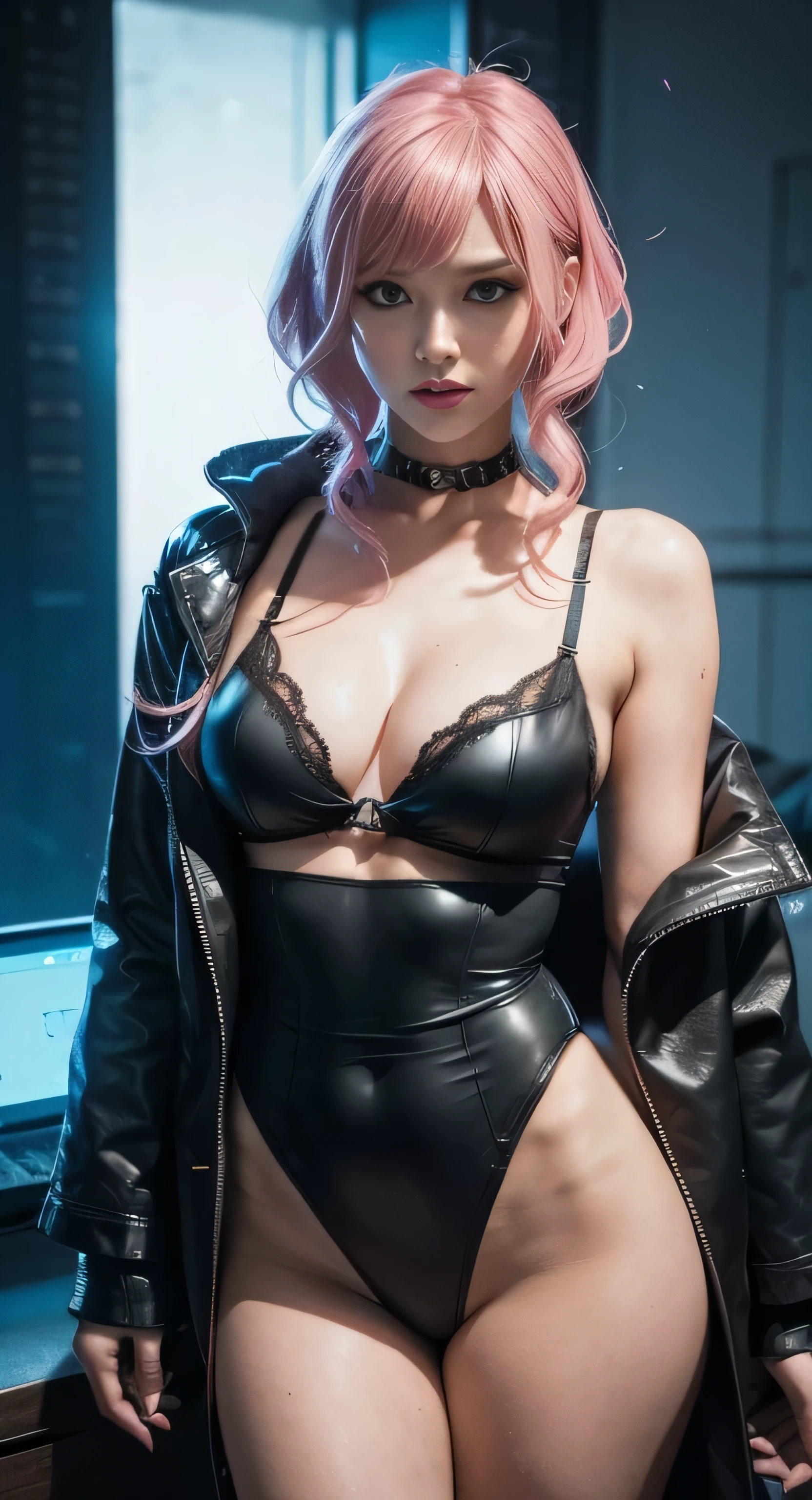 a handsome girl, cyberpunk style, hood, neon lights, lingerie clothing, boudoir photography, Nami from One Piece