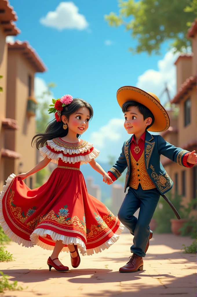 Girl and boy dancing together cueca nortina chilena with traditional costumes
