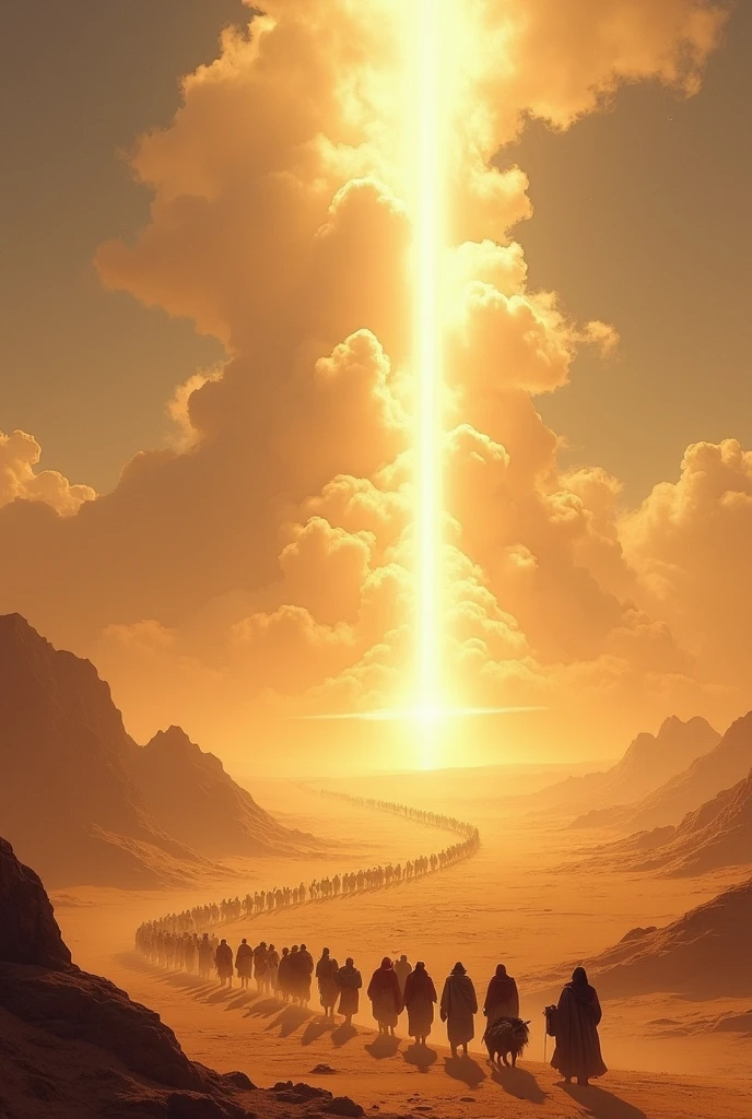 Pillar of cloud in the desert and the people of Israel walking