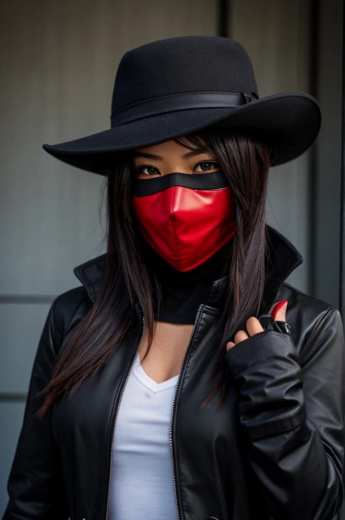 create a photo realistic female character named Akai Sora, a vigilante with a RED full face spandex mask that hides her entire face and hair, black trench coat, black stainless gloves, and a black fedora
